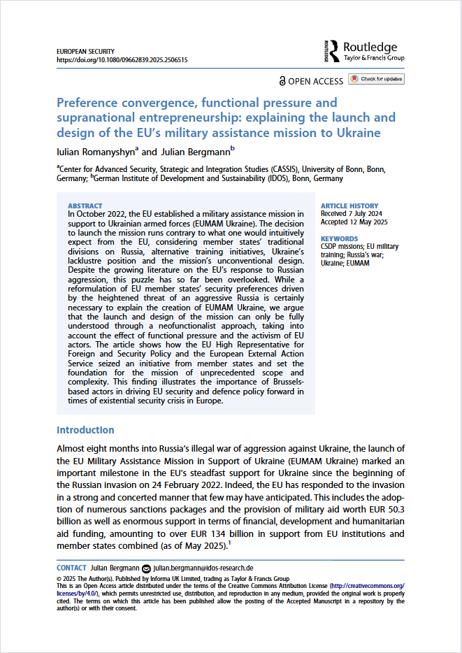 Preference convergence, functional pressure and supranational entrepreneurship: explaining the launch and design of the EU’s military assistance mission to Ukraine